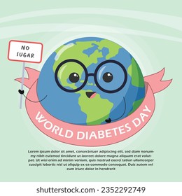 Ilustración de vectores planos del Día Mundial de la Diabetes. Diseño Concepto con Cartoon Earth Sostener una tarjeta de advertencia y cinta de opciones. Para afiches, volantes, pancartas o fondo