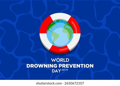 Flat vector illustration for World Drowning Prevention Day with a lifebuoy surrounding the Earth on a water background, symbolizing global awareness and water safety.