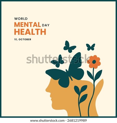 Flat vector illustration for World Mental Health Day featuring human head silhouette with butterflies and flowers, symbolizing peace, growth, positivity, and emotional wellbeing.