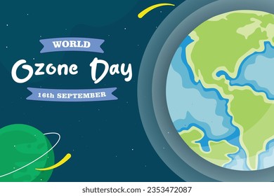 Flat Vector Illustration from World Ozone Day. Design Concept for Banner, Poster, Flyer, or Background. Earth Design Atmosphere and Other Planet with Lettering