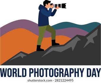 A flat vector illustration for World Photography Day showing a photographer with a camera on a mountain, capturing the scenic landscape view.