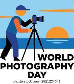 A flat vector illustration for World Photography Day featuring a photographer capturing a sunset scene by the ocean using a camera on a tripod.