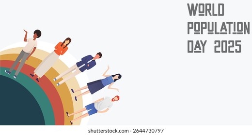 Ilustração de vetor plano para o Dia Mundial da População 2025 apresentando diversas pessoas de pé em um globo estilizado. O conceito destaca a unidade global, a conscientização do crescimento populacional e a diversidade social
