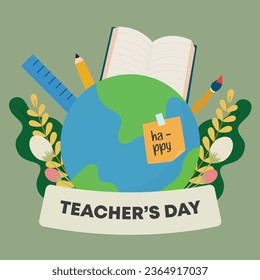 Flat vector illustration for world teachers day celebration with learning elements, book, pencil, ruler, paint brush.
