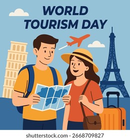 Flat vector illustration for World Tourism Day. Happy couple with map, backpack, hat, suitcase, famous landmarks like Eiffel Tower and Leaning Tower of Pisa, airplane flying in the sky. EPS 10 