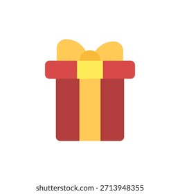 Ilustración vectorial plana de una caja de regalo de Navidad envuelta con cinta y lazo. Icono de regalo festivo simple en colores rojo y amarillo, perfecto para diseños de vacaciones, tarjetas de felicitación, Anuncios, carteles