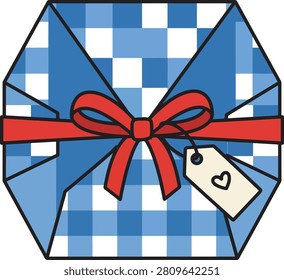 Flat vector illustration of a wrapped hexagonal gift box with a checkered pattern, ribbon bow, and gift tag, isolated on a white background.