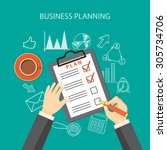 Flat  vector illustration. Writing hands  with pencil, paper of plan, cup of coffee and hand drawn business symbols. EPS 10