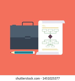 Flat vector illustration. Writing hands with pencil, paper of plan