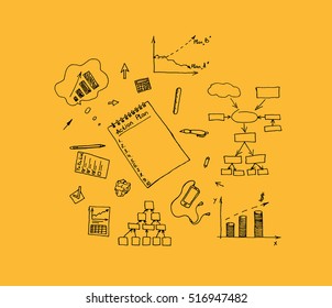 Flat vector illustration. Writing hands with pencil, paper of plan, hand drawn business symbols. 