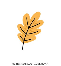 Flat vector illustration of a yellow autumn leaf. Warm and cozy seasonal element for fall themed designs. Isolated on a white background.