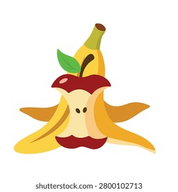 Flat vector illustration of a yellow banana peel and a red apple core on white. Ideal for concepts like food waste, composting, healthy eating, and sustainability.