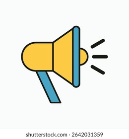 Flat vector illustration of a yellow and blue megaphone with sound waves, symbolizing announcements, marketing, or public communication