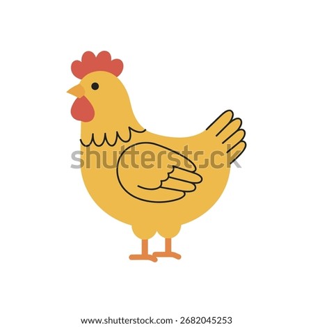 Flat vector illustration of a yellow chicken with red comb and beak, cartoon farm bird design isolated