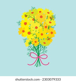 Flat vector illustration of yellow daisy flowers blooming bouquets with pink ribbon on light blue background.