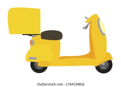 Flat vector illustration of a yellow electric delivery scooter with parcel box isolated on a white background. Urban delivery transport.