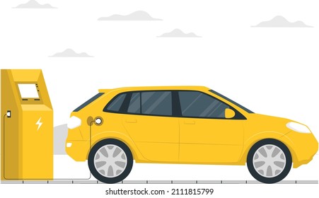 Flat vector illustration of yellow electric car charging at the charger station. Electro mobility e-motion concept.