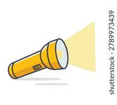 A flat vector illustration of a yellow flashlight shining a beam of light on a white background