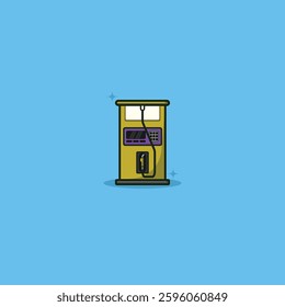 Flat vector illustration of a yellow gas pump featuring a purple display and nozzle, placed on a bright blue background. Clean and minimalist style for energy-related themes