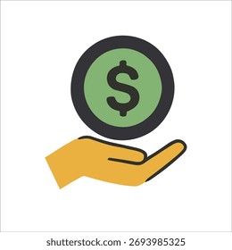 Ilustración vectorial plana de una mano amarilla sosteniendo una moneda de dólar verde, que simboliza la donación, el financiamiento y la inversión.