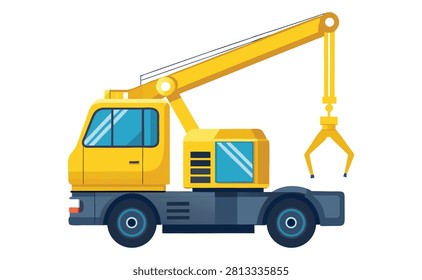 Flat vector illustration of a yellow material handler crane truck with a grab claw, ideal for construction, recycling, waste management, industrial lifting, and heavy equipment design projects.
