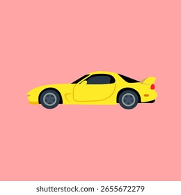 Flat vector illustration of a yellow Mazda RX-7 FD with minimalist design on a pastel pink background, perfect for JDM art, automotive posters, or digital projects.