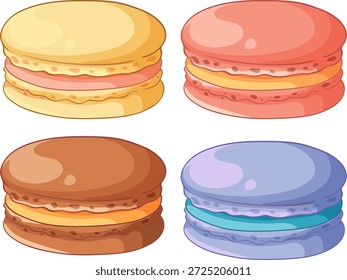 Flat vector illustration of yellow, pink, brown, and purple macarons isolated on white background