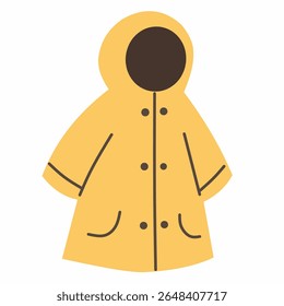 Ilustração vetorial plana de uma capa de chuva amarela com capuz. Adequado para temporada de chuvas, equipamentos meteorológicos, roupas infantis ou visuais de roupas ao ar livre.