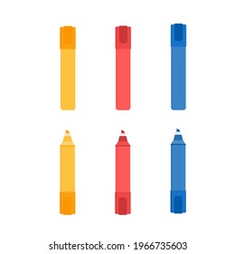 Flat vector illustration of yellow, red and blue highlighter marker pens. Isolated on white background.