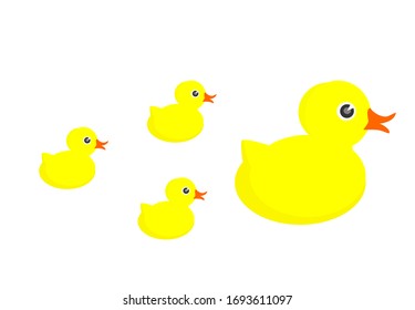 Flat vector illustration of a yellow rubber duck toy with ducklings isolated on a white background