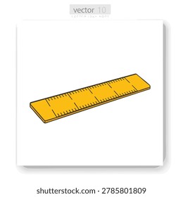 A flat vector illustration of a yellow ruler with measurement markings presented in an isometric perspective.