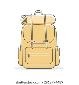 A flat vector illustration of a yellow travel backpack with a rolled sleeping mat attached on top, isolated on a white background.