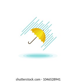 Flat vector illustration of yellow umbrella in rainy day. Flat concept of bad weather.