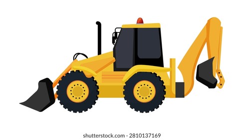 Flat vector illustration of a yellow wheel backhoe loader truck with a beacon light isolated on white background.