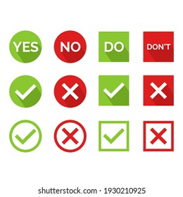 Flat Vector Illustration Of A Yes Or No Icon. Perfect For Design Element From Tips And Tricks Article, Infographic, Tutorial, Pros And Cons And Choosing Guide. Cross And Check Icon Set.