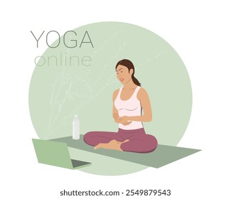 Flat vector illustration of yoga class online in pastel colors. Young woman sitting in lotus pose watching classe on laptop. Yoga instructor conducts training online. Home yoga, courses, personal yoga