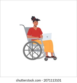 Ilustración vectorial plana con una joven africana que trabaja en una laptop en silla de ruedas. Concepto de empleo diverso de personas discapacitadas.