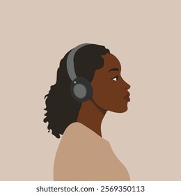 flat vector illustration of young African woman profile, side view, listening to headphones, with high angle perspective background of thick fog, low visibility, conveying music therapy. The style is 