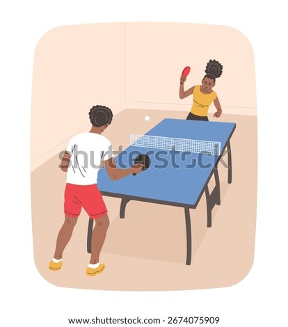 Flat vector illustration of a young African American couple playing table tennis. Sport, leisure, and active lifestyle. Isolated on white background
