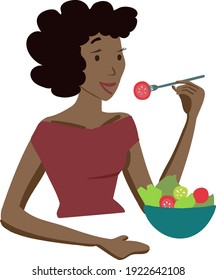 Ilustración vectorial plana. Una joven afroamericana que cuida su salud está feliz de comer una ensalada de verduras frescas. Una mujer vegetariana depende de alimentos saludables.