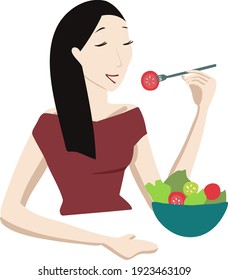Ilustración vectorial plana. Una joven asiática que cuida su salud está feliz de comer una ensalada de verduras frescas. Una mujer vegetariana depende de alimentos saludables.