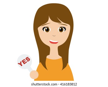 Flat vector illustration of a young asian woman in business suits holding a small plate on which Yes is written on white background