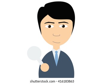 Flat vector illustration of a young asian guy in business suits holding a small blank plate