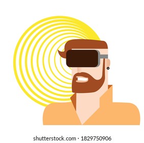Flat vector illustration of a young bearded man wearing a virtual reality glasses
