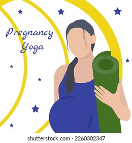 Flat vector illustration of a young beautiful pregnant girl with a mat doing yoga for expectant mothers
