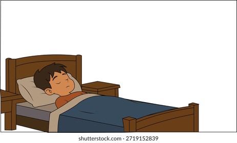 Ilustración vectorial plana de un niño que duerme pacíficamente en su cama por la noche