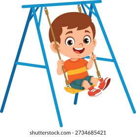 Flat vector illustration of a young boy enjoying a swing at a playground. The character is shown in a cheerful and playful pose, representing outdoor activity, childhood fun, and healthy playtime. Suitable for educational materials, children content, posters, and digital design assets.