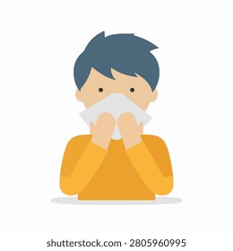 A flat vector illustration of a young boy holding a tissue to his nose, representing illness, cold, flu, or allergies.