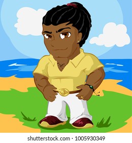 Flat vector illustration of a young  brasilian man capoeira guy on the sun beach.