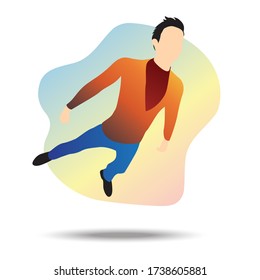 Flat vector illustration of a young businessman flying towards a goal, passing all obstacles.